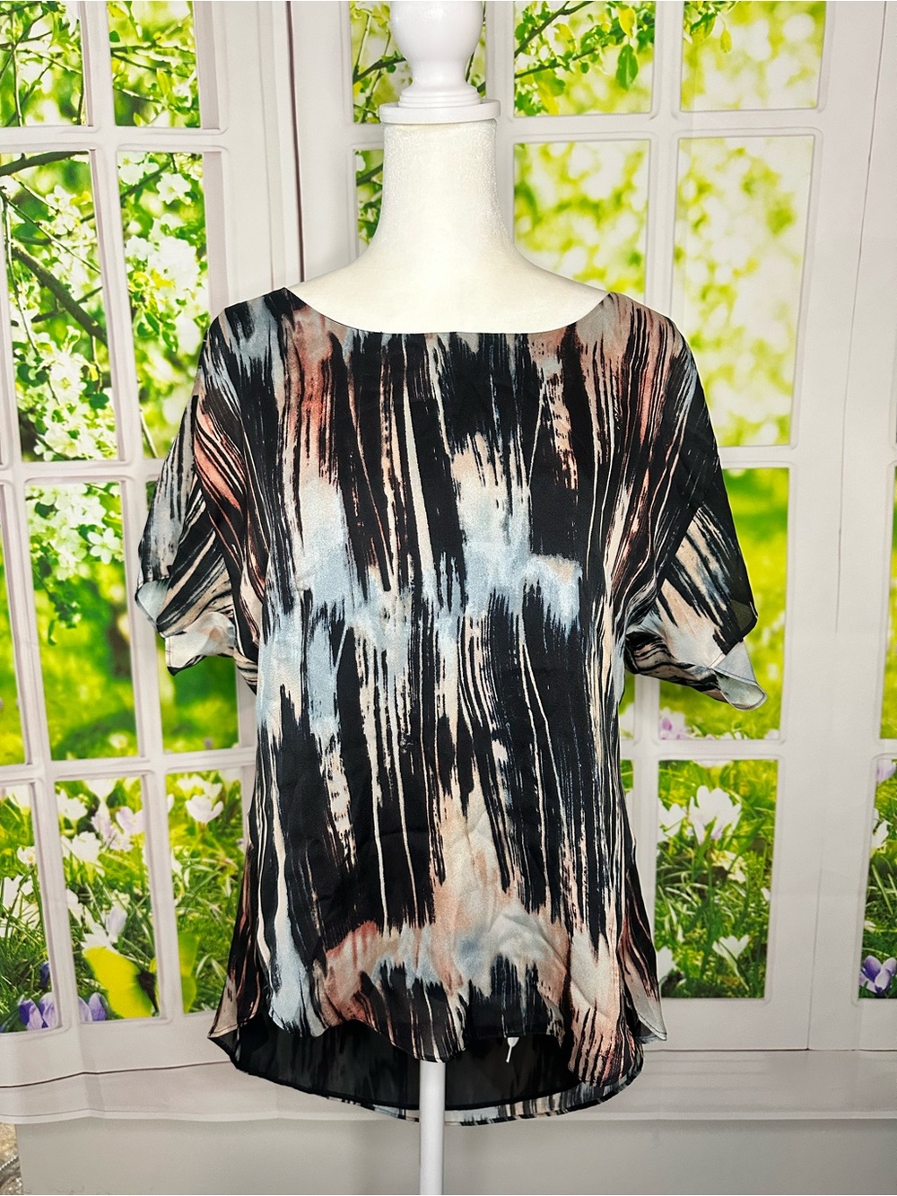 BCBGeneration Brushstroke Short Sleeve Top in Black, Light Blue and Blush